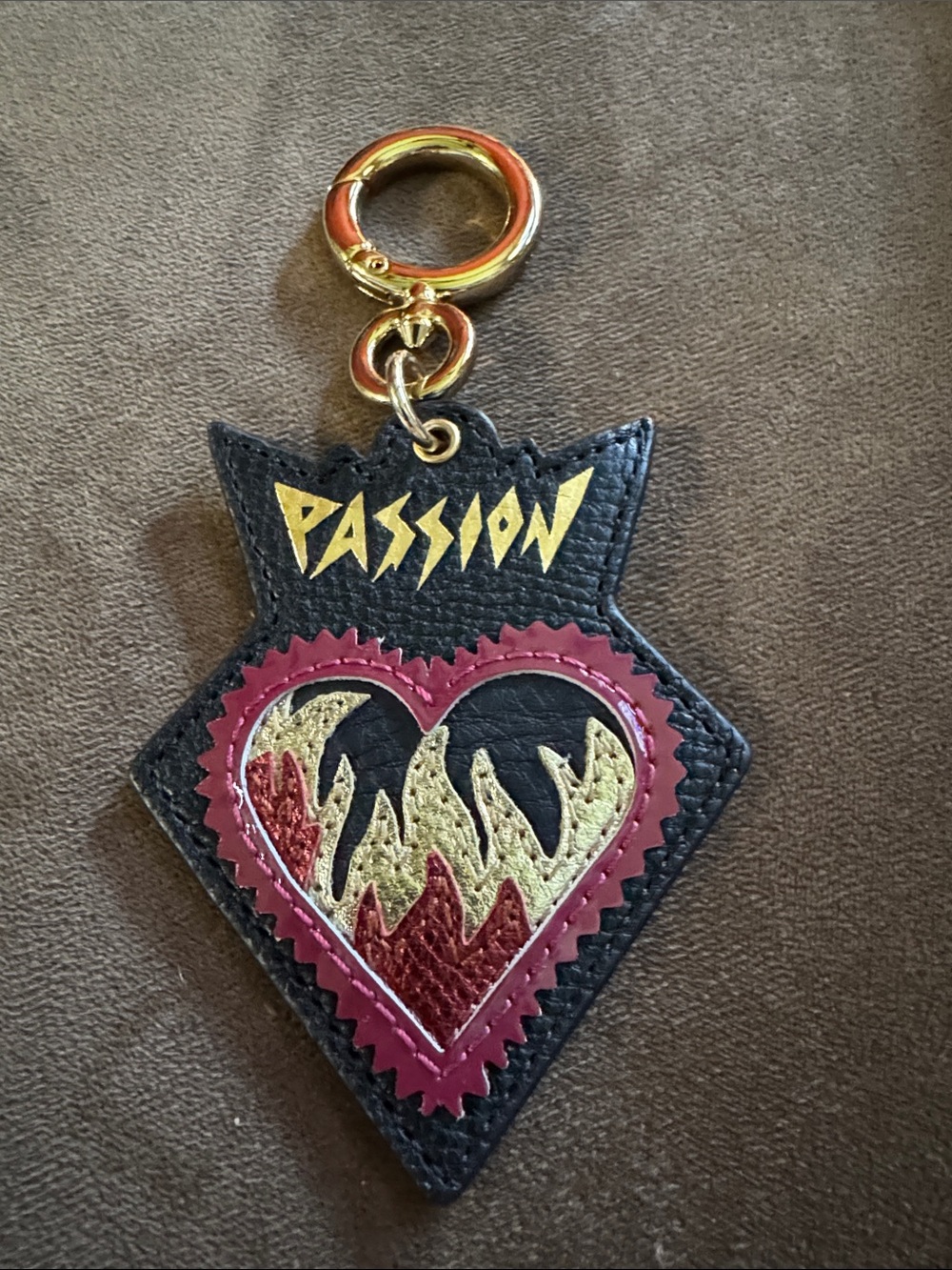Burberry Black Leather 'PASSION' Heart Key Holder with Pink & Gold Flame